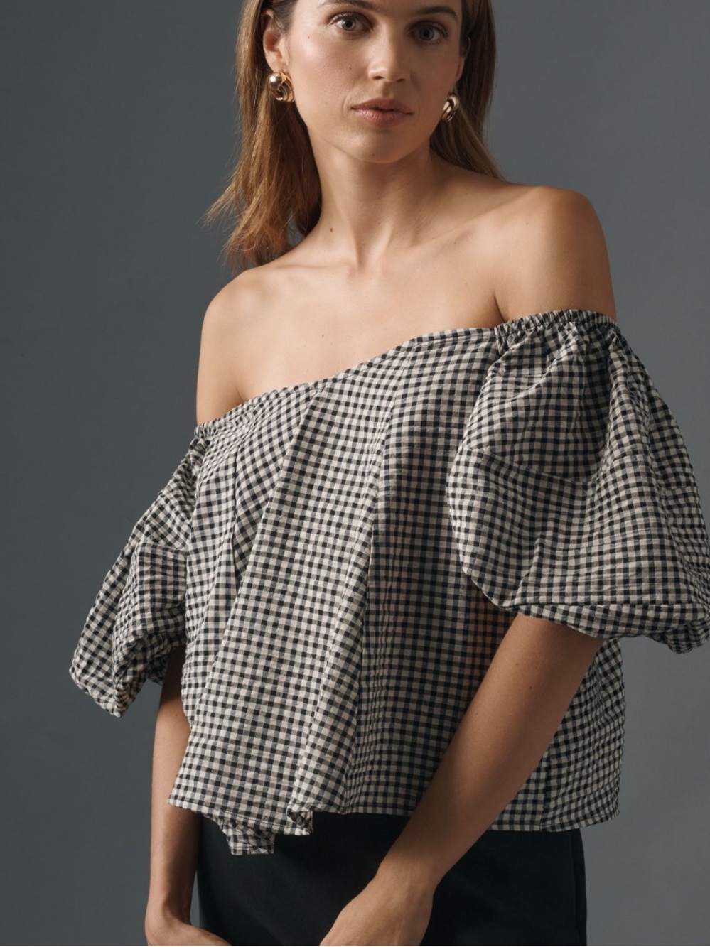Anthropologie MAEVE puff sleeve off the shoulder gingham top, large